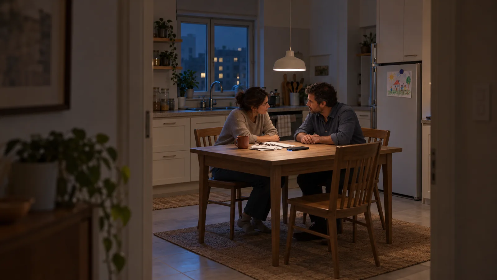 Casal sentado à mesa da cozinha à noite, a conversar com ar preocupado, com um telemóvel pousado entre os dois.