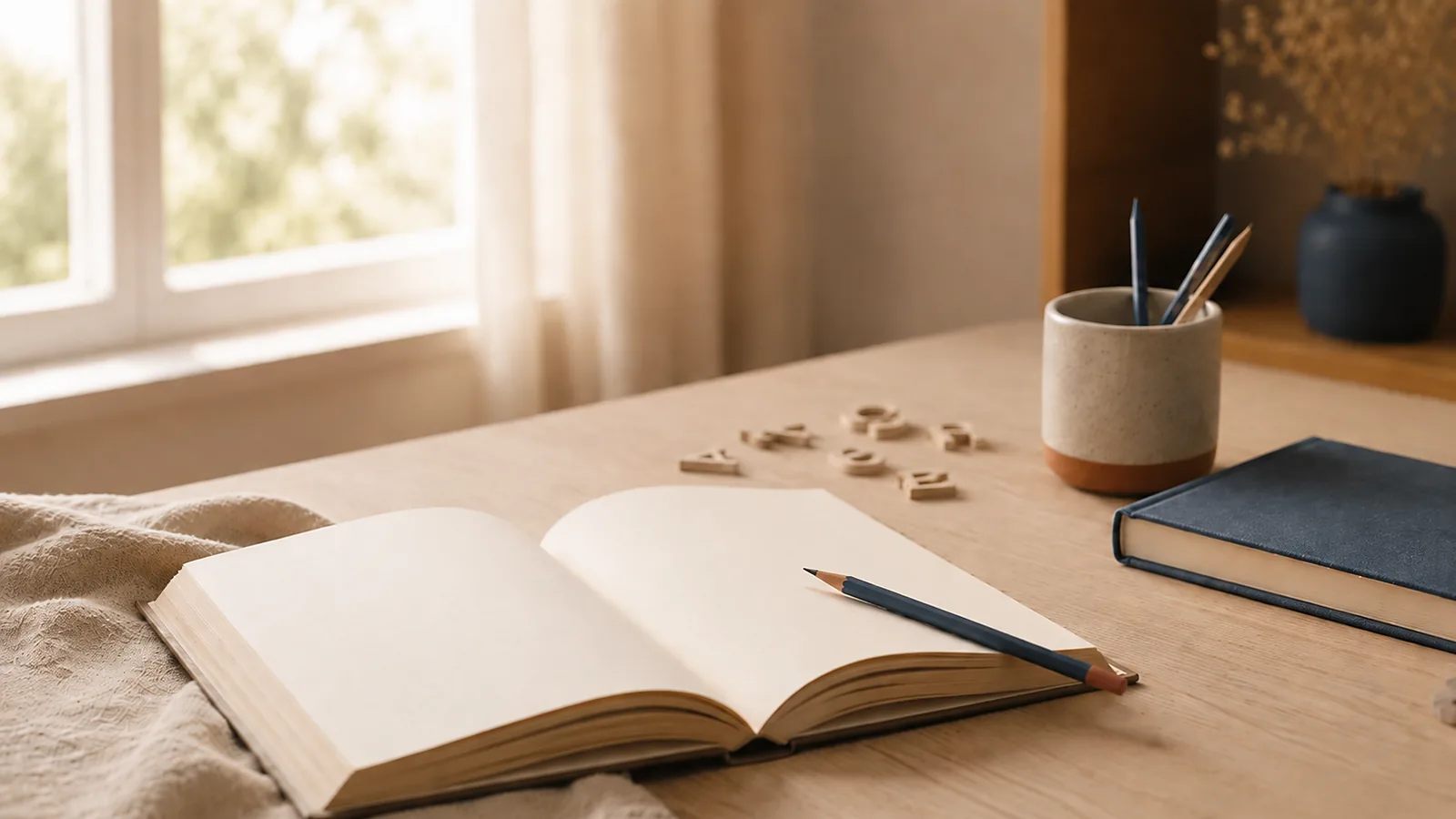 Livro e lápis sobre uma mesa de madeira, a evocar a leitura e a escrita.