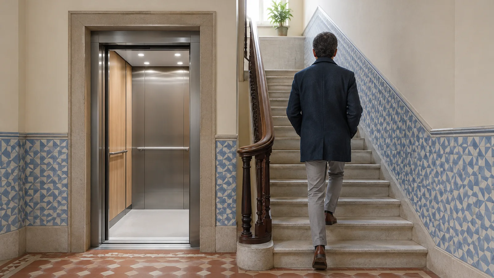 Homem de costas a subir a escada de um prédio antigo, ao lado de um elevador aberto e vazio, tema das fobias, Dra. Gizela Silva, psicologia em Vila Nova de Gaia.