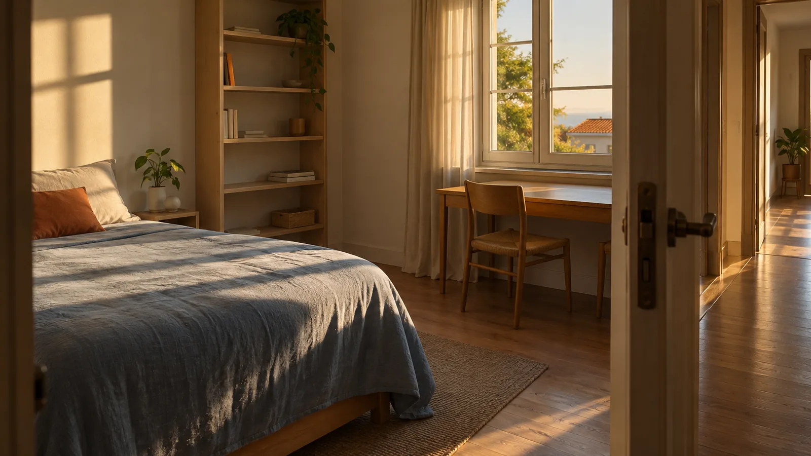 Quarto arrumado e vazio, com a cama feita e luz de fim de tarde a entrar pela janela.