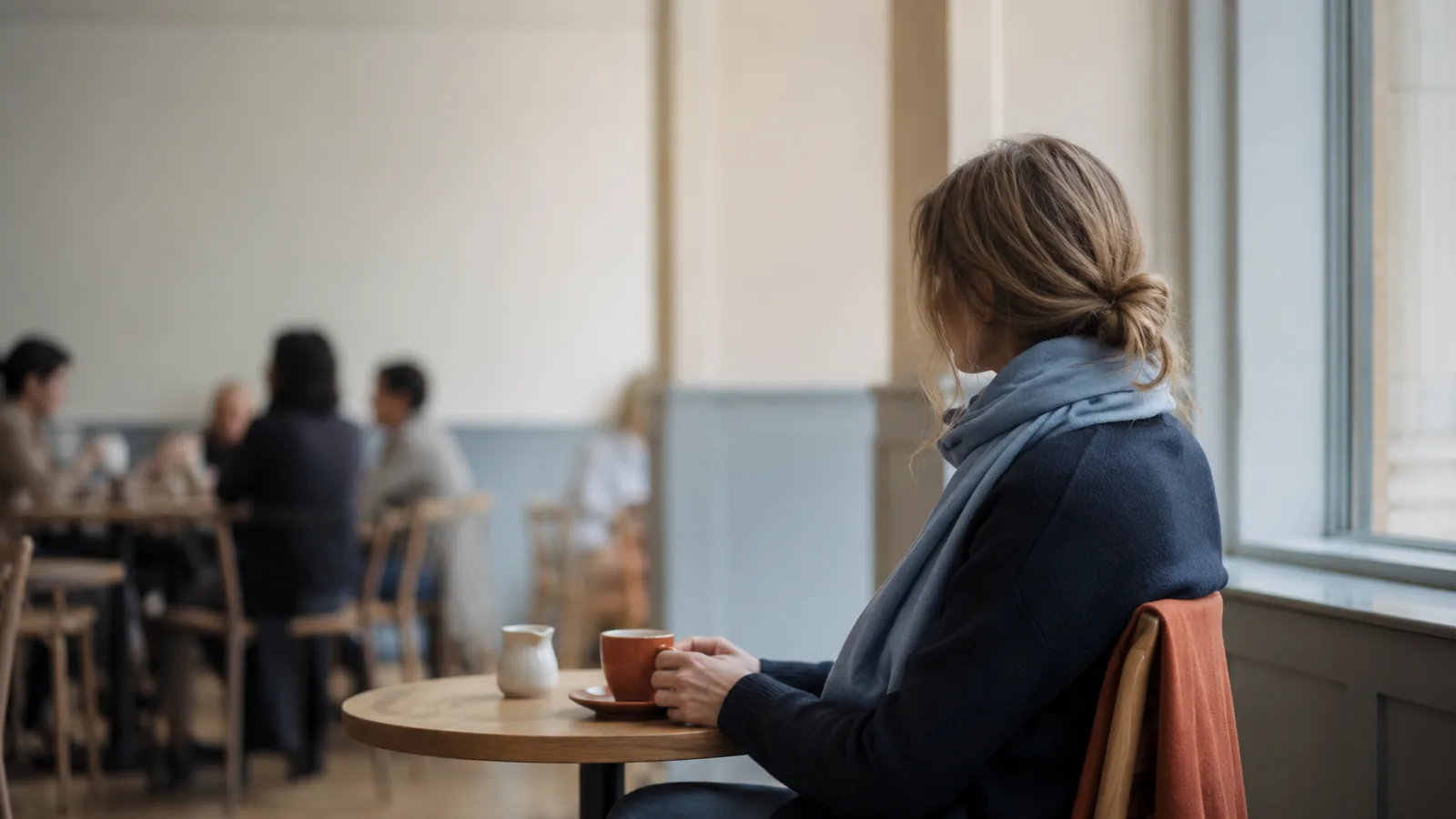 Mulher sentada junto a uma janela num café, vista de perfil, com pessoas a conviver desfocadas ao fundo.