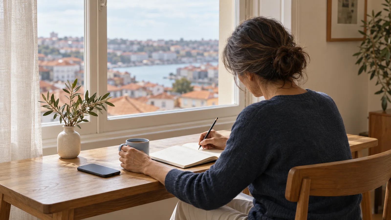 Mulher adulta de costas, sentada junto a uma janela com vista para os telhados de Gaia e do Porto, a escrever num caderno numa mesa de madeira, tema da terapia cognitivo-comportamental, Dra. Gizela Silva, psicologia em Vila Nova de Gaia.