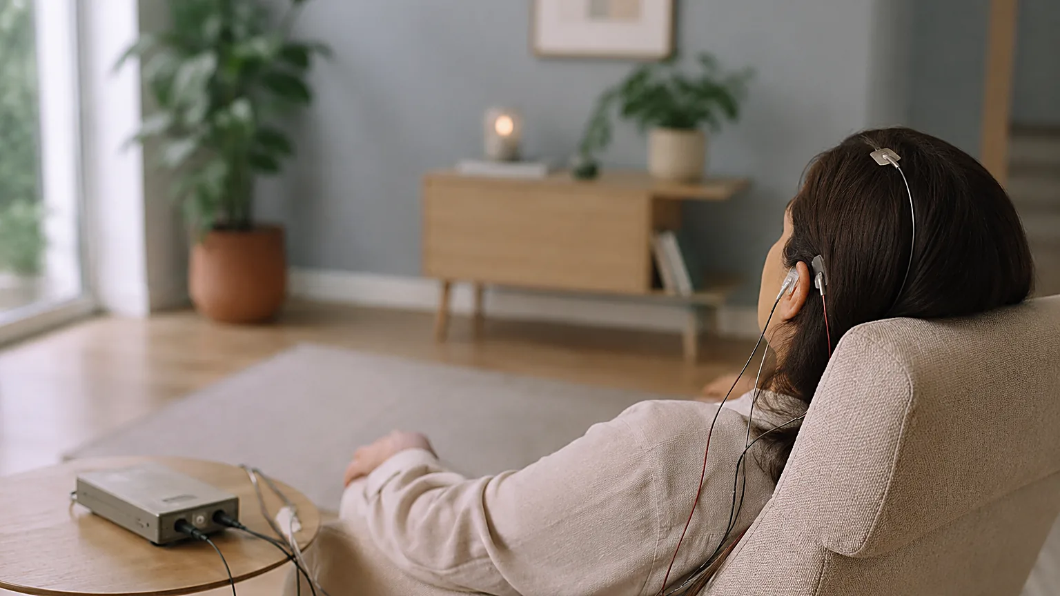 Pessoa relaxada numa poltrona durante uma sessão de neurofeedback dinâmico, com sensores discretos e fios finos, em ambiente sereno em Vila Nova de Gaia.