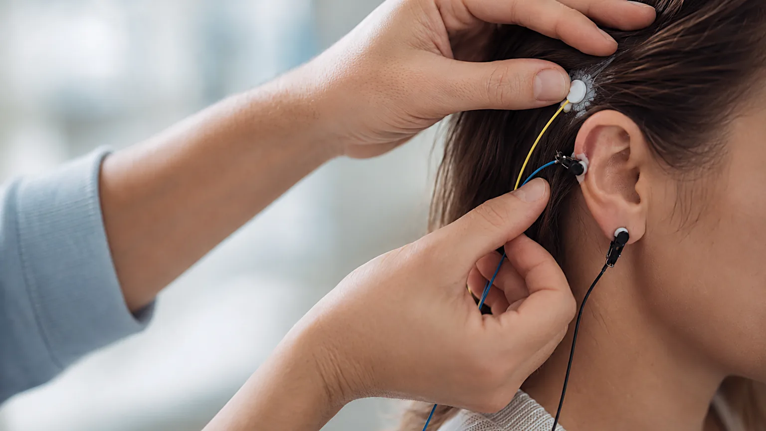 Mãos de uma profissional a colocar com cuidado um sensor de neurofeedback e um clipe de orelha, com fios finos, sem agulhas.